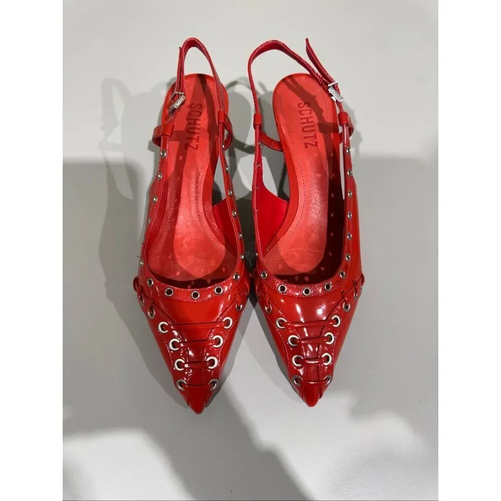 Schutz Chic Ruth 1.6” Mid Patent Leather Kitten Heel Pump Flame Scar Red 6.5